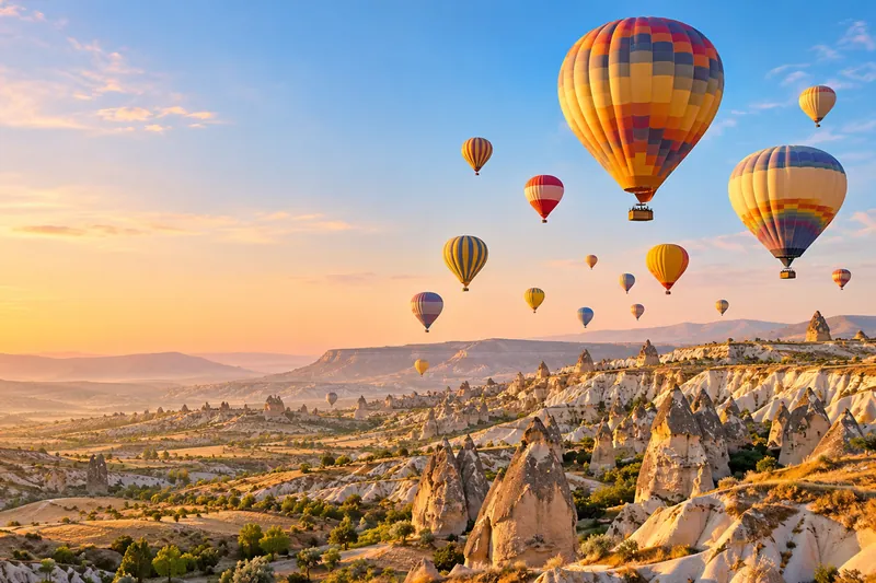 Hot air balloons over the fairy chimneys of Cappadocia at sunrise