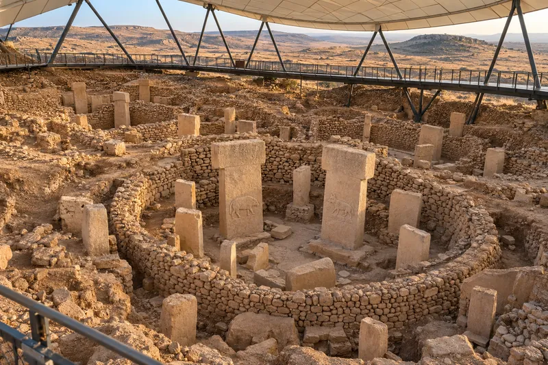 T-shaped carved pillars in the stone enclosures of Gobekli Tepe near Sanliurfa, under the protective roof