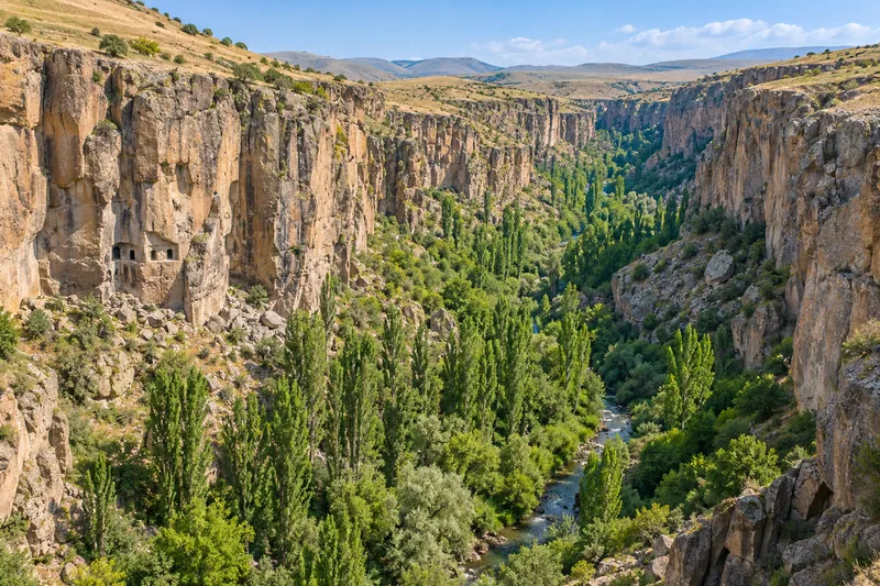 The deep Ihlara Valley canyon with poplars along the Melendiz River and rock-cut church openings in the cliff