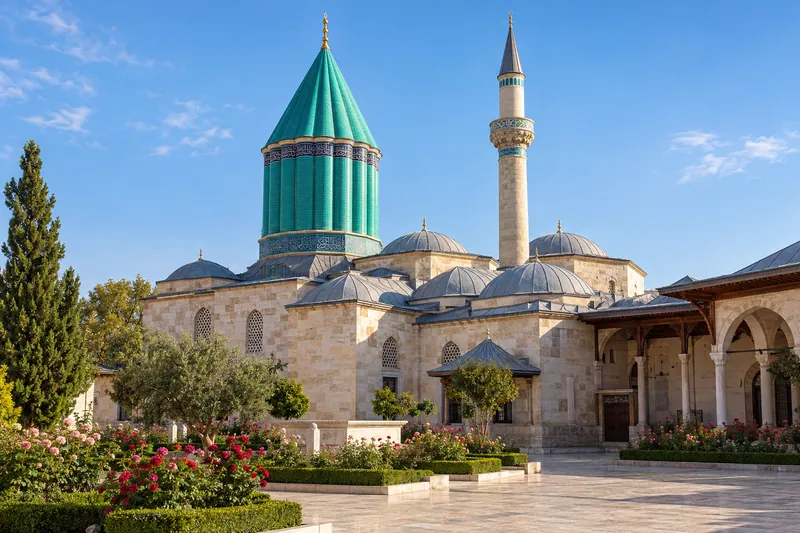The turquoise Green Dome of the Mevlana Museum, the tomb of Rumi, and its rose garden in Konya