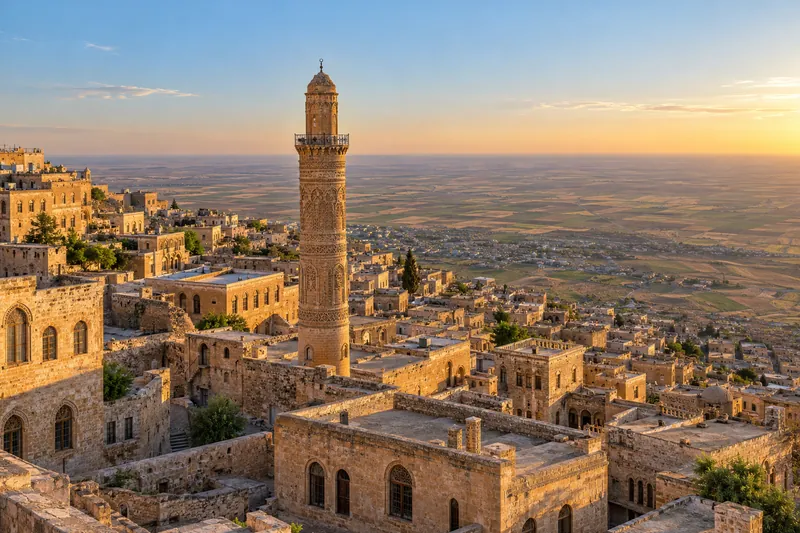 Honey-colored stone houses and the carved minaret of the Great Mosque in Mardin above the Mesopotamian plain at sunset