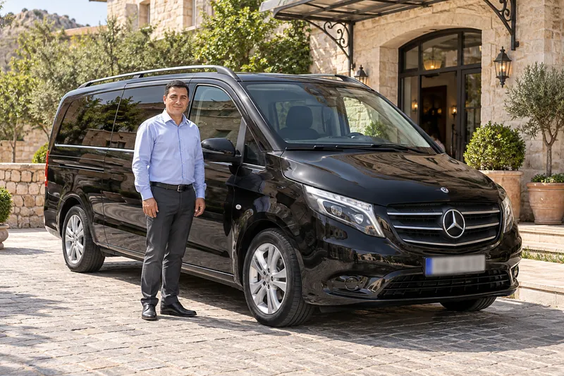 A driver with a private Mercedes Vito tour vehicle outside a hotel