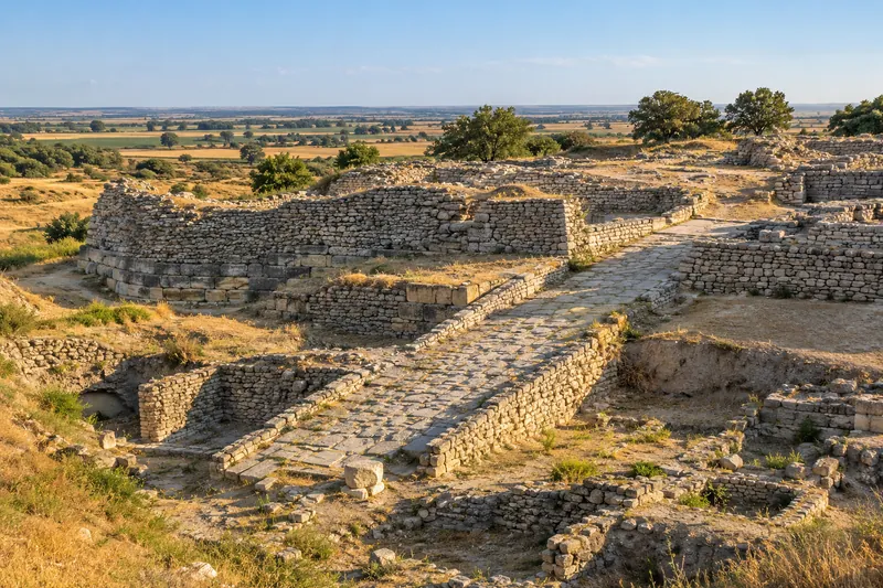 The stone ramp and layered city walls of ancient Troy above the Troad plain