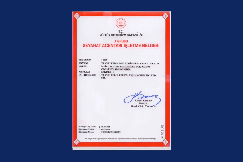 The TÜRSAB Group A travel agency license of Travelpedia, no. 10807