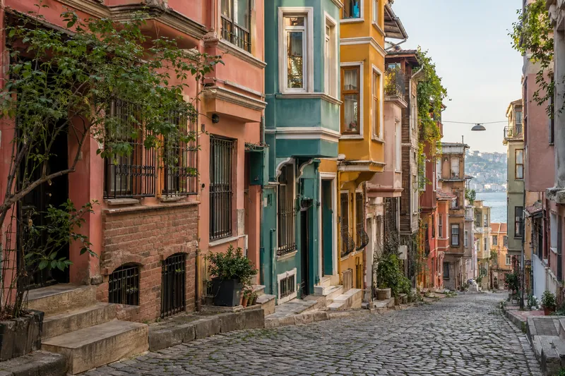 Colorful houses on a cobbled street in Balat, Istanbul