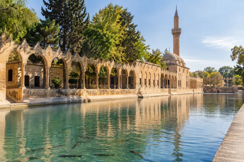 Balikligol, the Pool of Abraham in Sanliurfa, with sacred carp and the arcades of the Halil-ur Rahman Mosque
