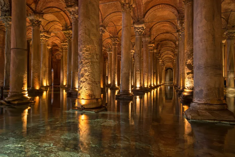 Lit columns of the Basilica Cistern reflected in the water, Istanbul
