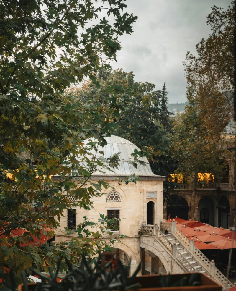 The small domed mosque in the courtyard of the Koza Han, the 15th-century silk market of Bursa