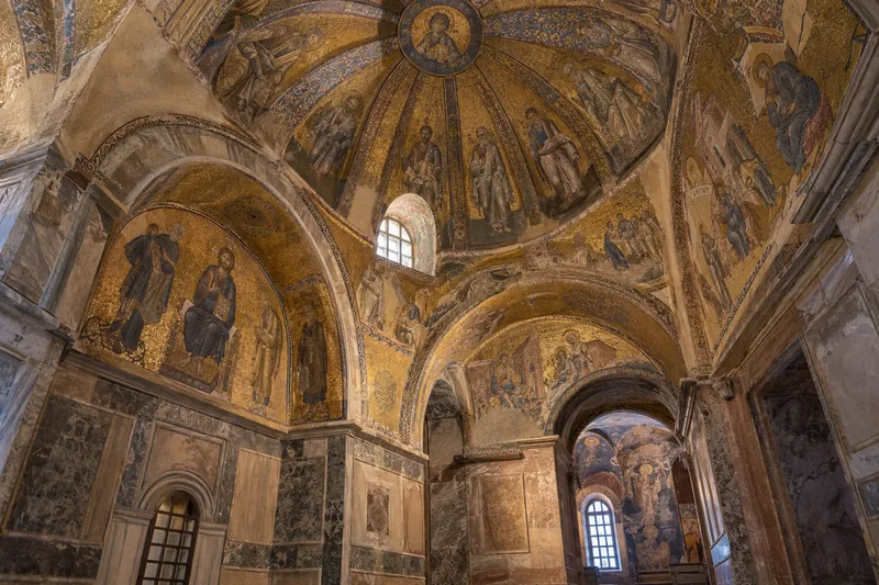 Golden Byzantine mosaics in the domes of the Chora Church, Istanbul