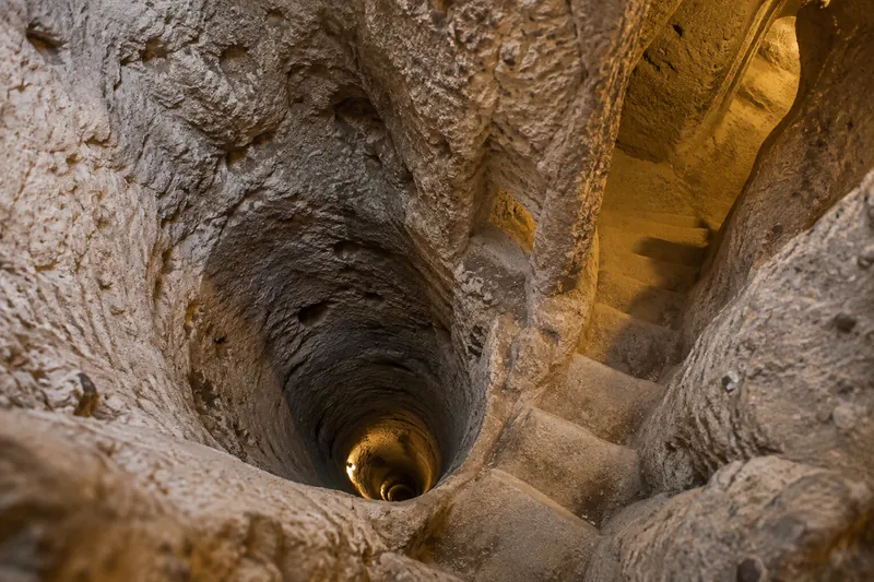 A deep ventilation shaft and carved stairs in the Derinkuyu underground city, Cappadocia