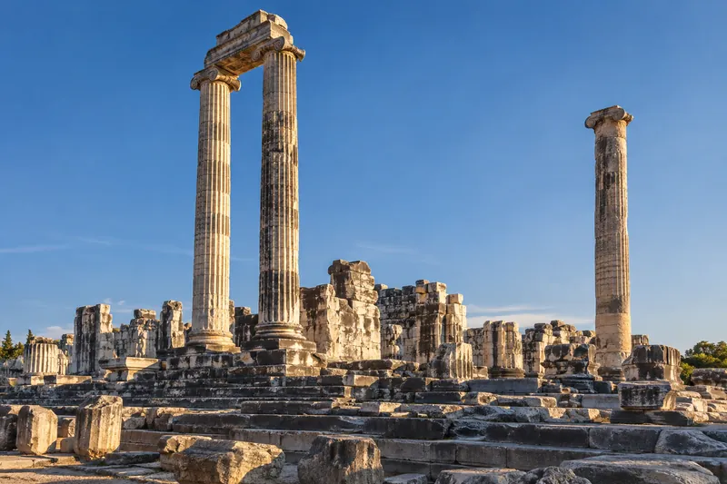 The standing Ionic columns of the Temple of Apollo at Didyma in low evening sun