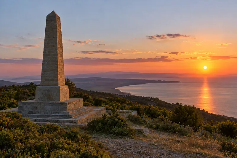 A memorial on the Gallipoli Peninsula above the Aegean at sunset