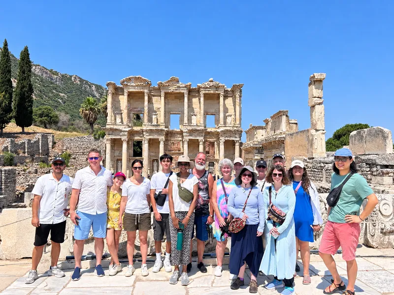 Turkey Itineraries guests. A family group at the Library of Celsus, Ephesus