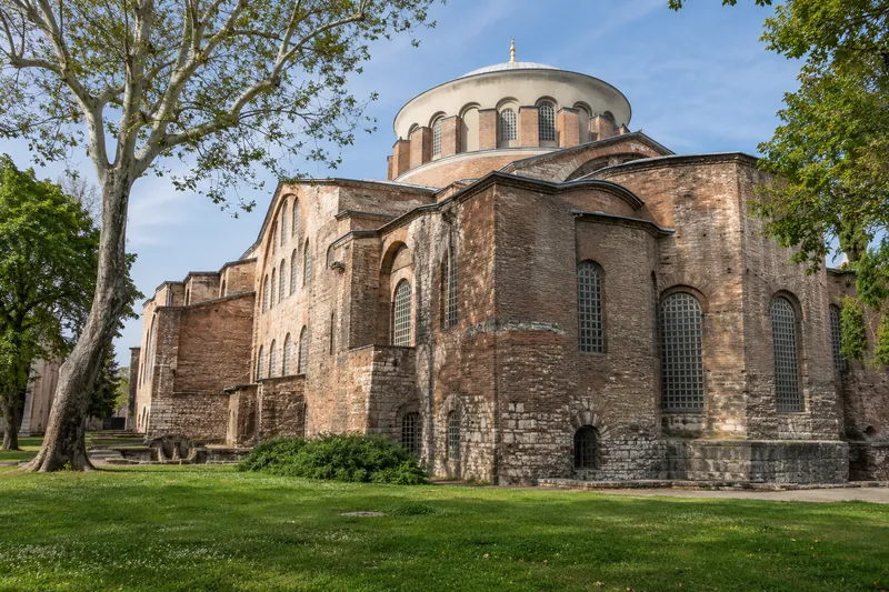 The red brick walls and dome of the Byzantine Hagia Irene church in the grounds of Topkapi Palace, Istanbul