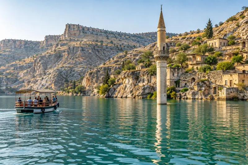 A boat passing the half-submerged minaret of Halfeti on the turquoise Euphrates, limestone cliffs behind