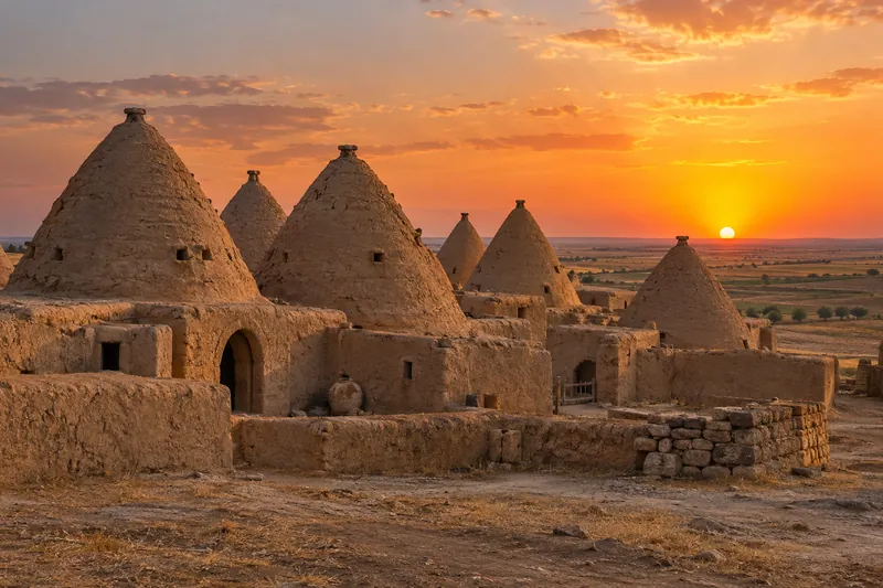 The conical mud-brick beehive houses of Harran at sunset on the Mesopotamian plain