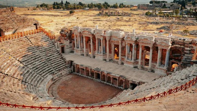 The Roman theater of Hierapolis above Pamukkale with its restored stage building