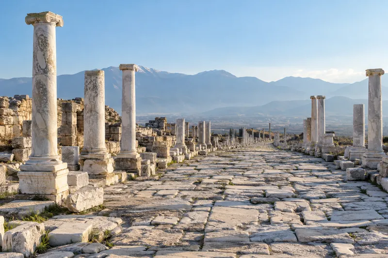 The colonnaded Syria Street of ancient Laodicea, one of the Seven Churches of Revelation, with the mountains of Denizli behind