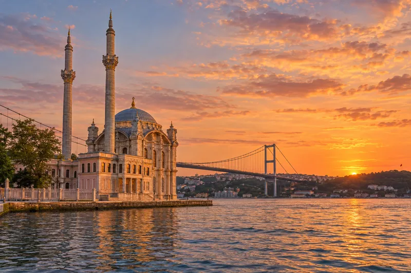 Ortakoy Mosque on the Bosphorus at sunset with the Bosphorus Bridge behind, Istanbul