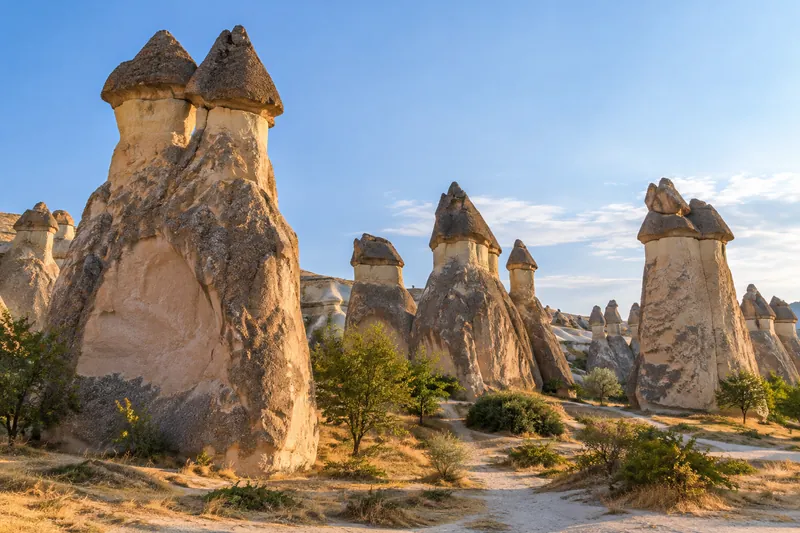 Multi-capped fairy chimneys in Pasabag (Monks Valley), Cappadocia, in golden light