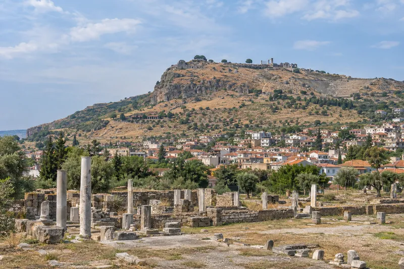 The acropolis of Pergamon and the town of Bergama seen from the ruins of the Asclepion