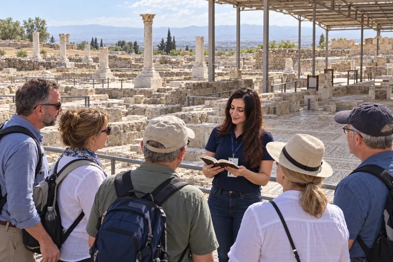 A licensed guide reading from the Bible to a church group beside the mosaic floor of the Laodicea church