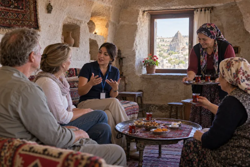 A private guide with travelers in a Cappadocian cave home as the host family serves tea