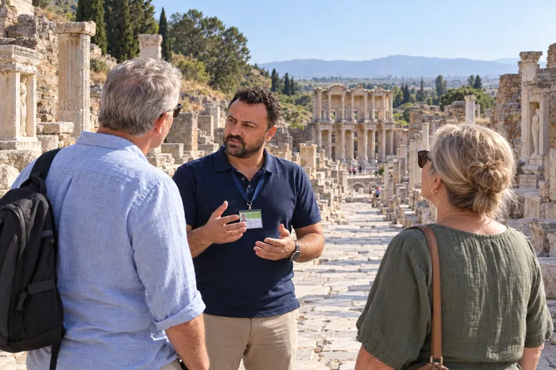 A licensed guide talking with a couple on Curetes Street in Ephesus, the Library of Celsus behind