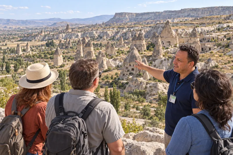 A private guide pointing out the fairy chimneys of Goreme to three travelers