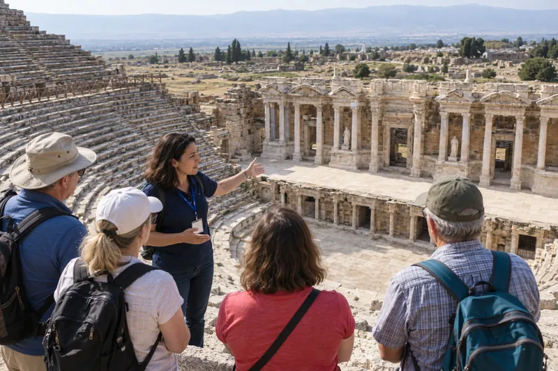 A licensed guide explaining the carved stage building of the Hierapolis Theatre above Pamukkale