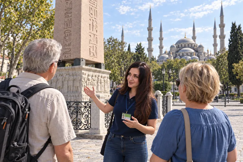 A licensed guide explaining the Egyptian Obelisk in the Hippodrome of Istanbul, the Blue Mosque behind