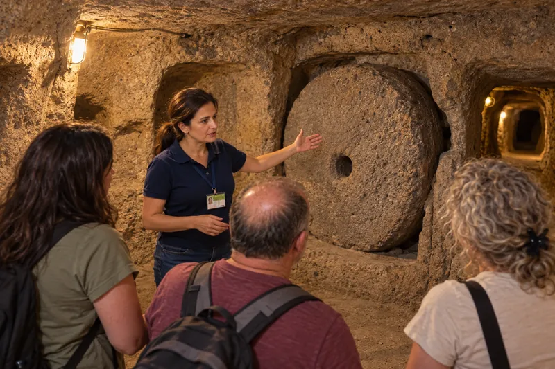 A private guide showing travelers the round rolling stone door in the Kaymakli underground city