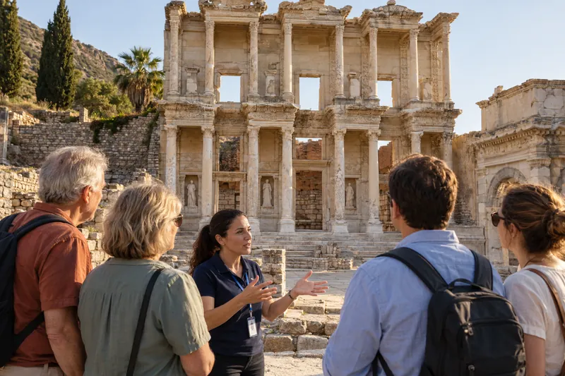 A private guide with a family in front of the Library of Celsus in late afternoon light, Ephesus