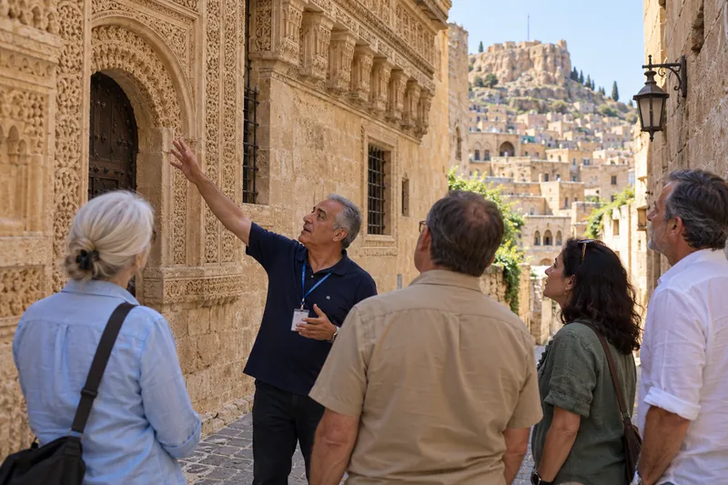 A private guide explaining the carved stone facade of a mansion in the old town of Mardin
