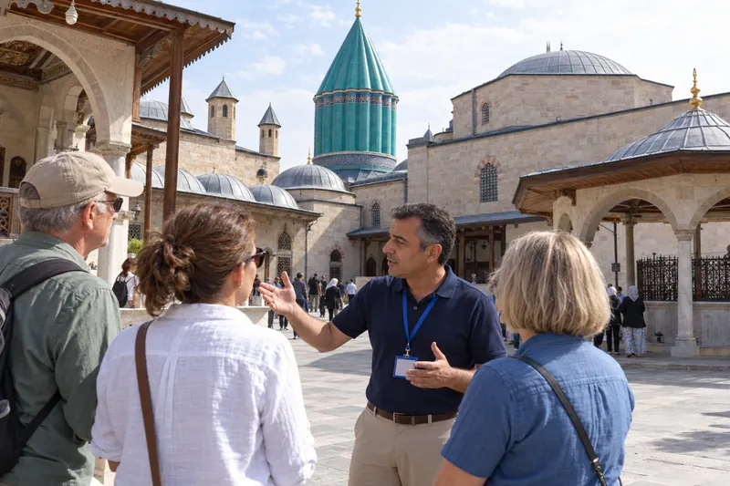 A private guide in the courtyard of the Mevlana Museum in Konya, the Green Dome behind