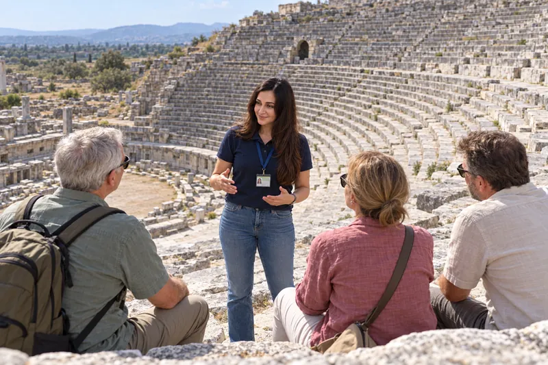 A licensed guide talking to travelers seated on the stone rows of the Great Theatre of Miletus