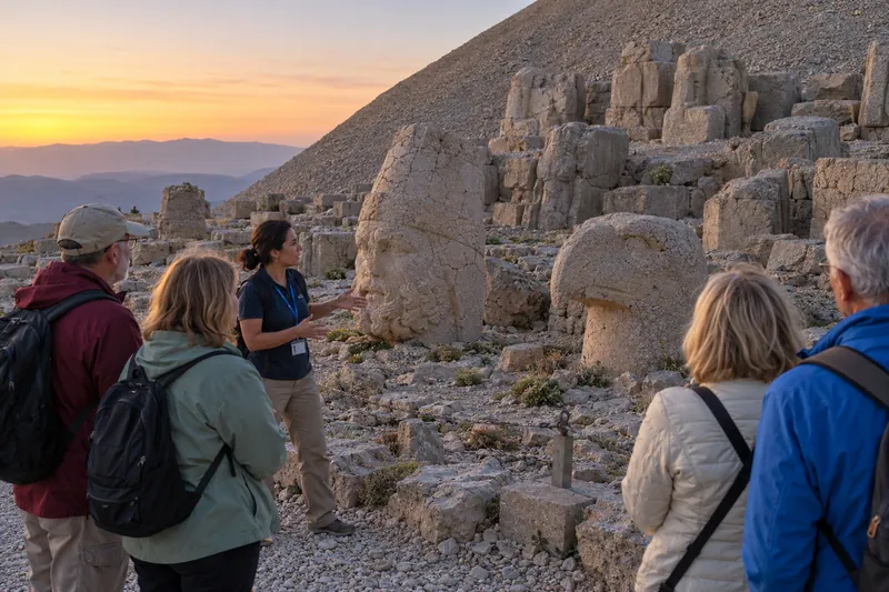 A licensed guide beside the giant stone heads on Mount Nemrut at sunrise, travelers in jackets