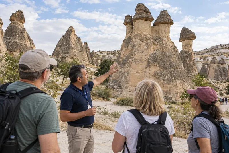 A licensed guide explaining how volcanic tuff shaped the fairy chimneys of Pasabag