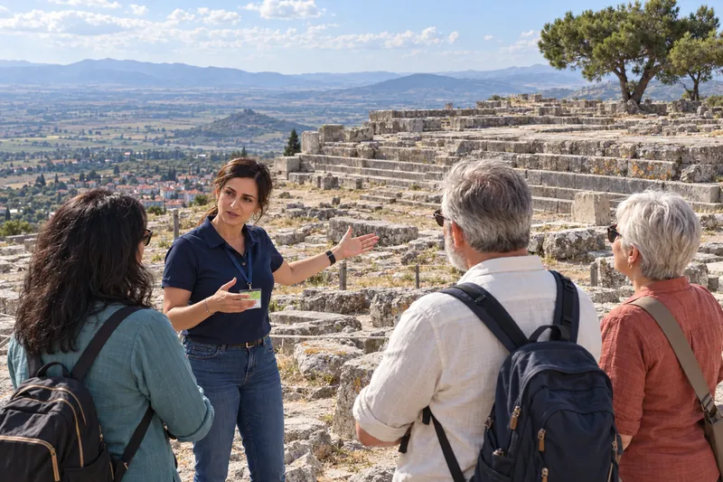 A private guide at the foundation of the Altar of Zeus on the Pergamon acropolis, Bergama below
