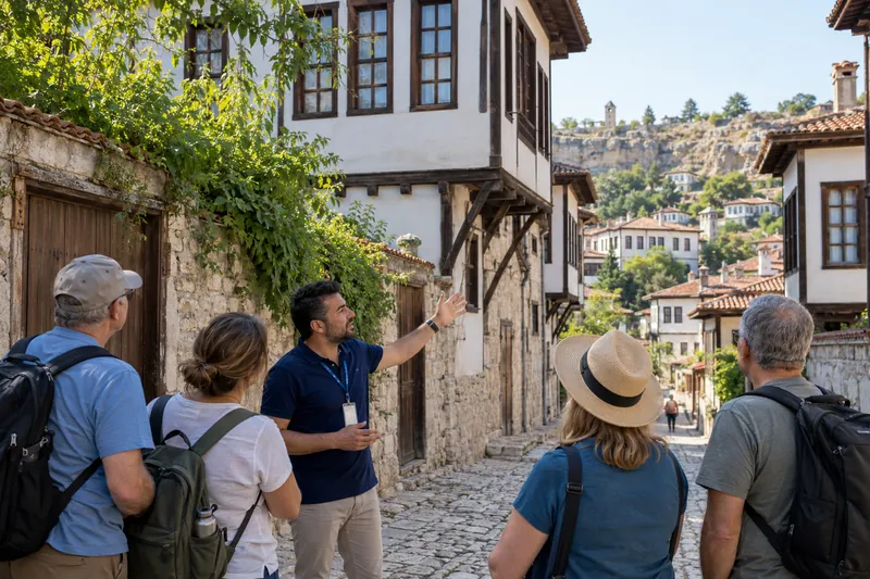 A licensed guide explaining Ottoman mansion architecture on a cobbled street in Safranbolu