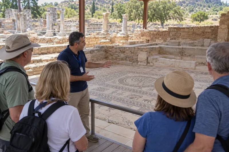 A licensed guide explaining the floor mosaics of the ancient Sardis synagogue to a small church group