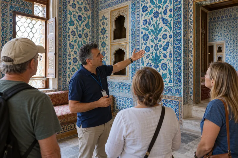 A licensed guide explaining the Iznik tiles of the Topkapi Palace Harem to a small group
