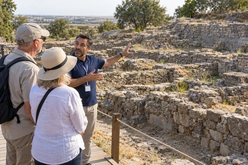 A licensed guide explaining the layered city walls of ancient Troy to a couple