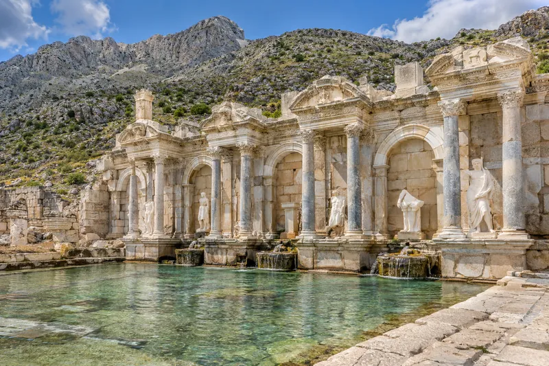 The Antonine Fountain of Sagalassos with its statues and pool, high in the Taurus Mountains