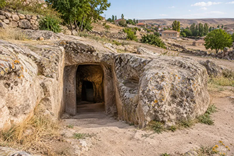The rock-cut entrance of the Saratli underground city in a quiet village near Aksaray