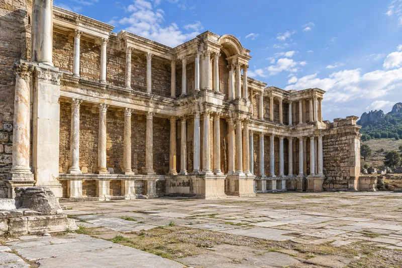The two-story columned facade of the Marble Court in the Sardis gymnasium