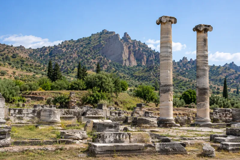 The two standing Ionic columns of the Temple of Artemis at Sardis below the rocky acropolis