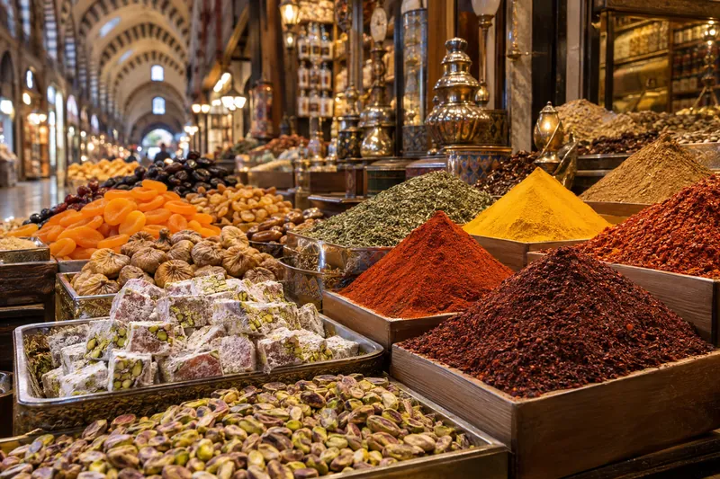 Spices, Turkish delight, pistachios and dried fruit in the Spice Bazaar, Istanbul