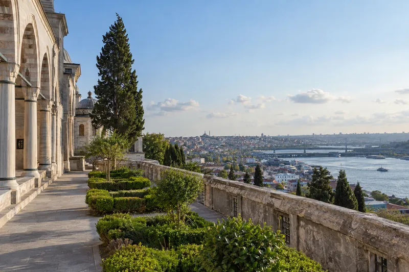 The terrace of the Suleymaniye Mosque overlooking the Golden Horn, Istanbul