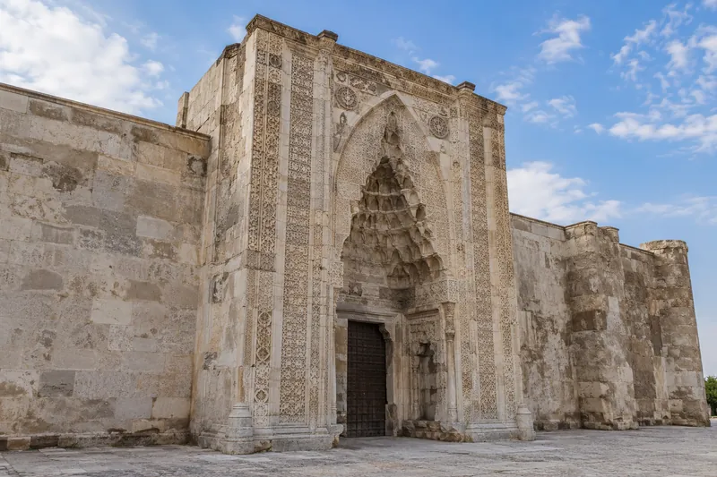 The carved Seljuk stone portal of the Sultanhani caravanserai on the Silk Road